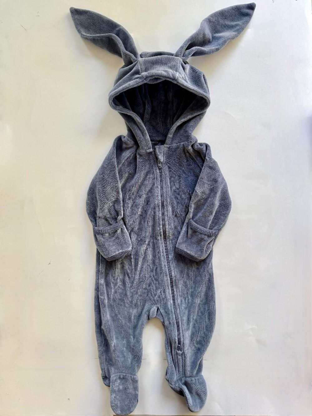 Baby Bunny Ears Hooded Velour Footed Romper Gray Zip Fits 6-12M EUC